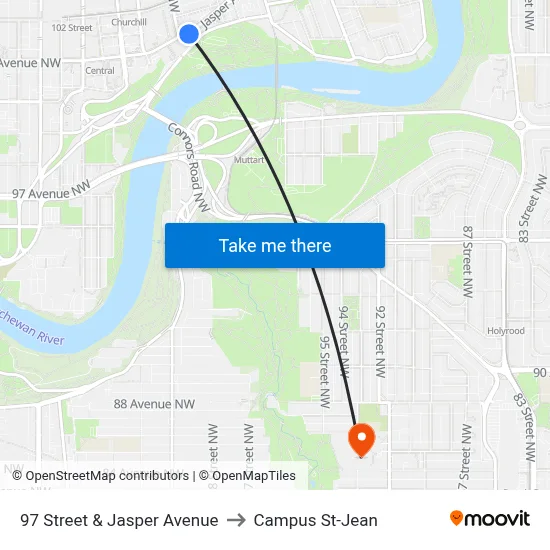 97 Street & Jasper Avenue to Campus St-Jean map
