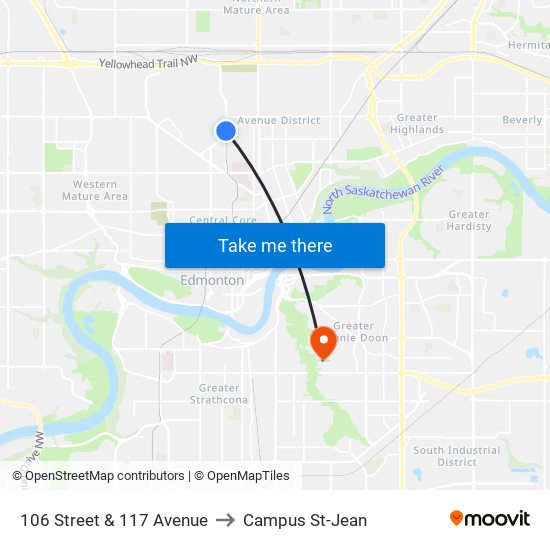 106 Street & 117 Avenue to Campus St-Jean map