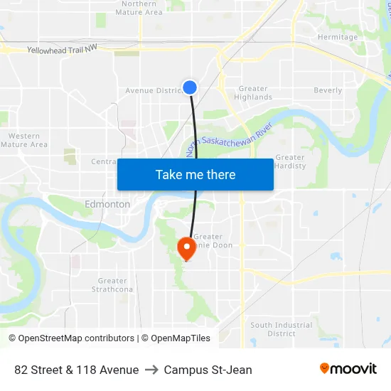 82 Street & 118 Avenue to Campus St-Jean map