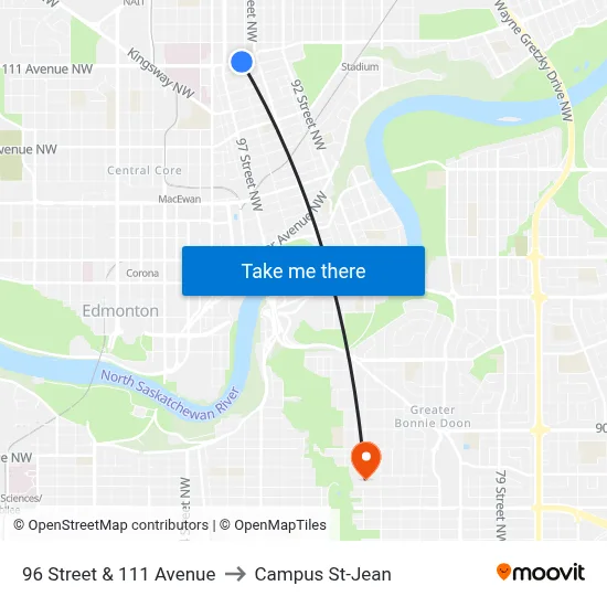 96 Street & 111 Avenue to Campus St-Jean map