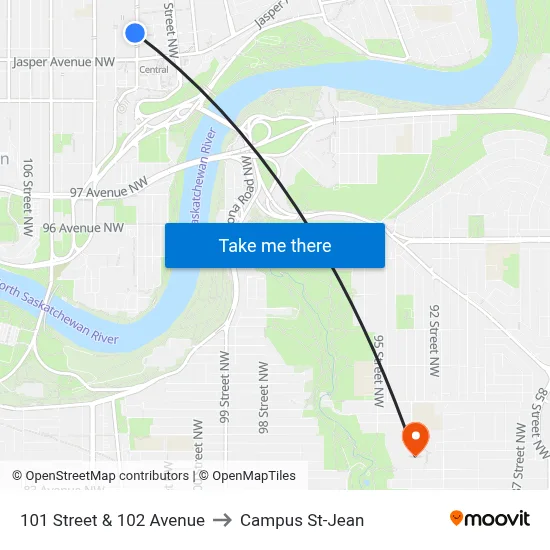 101 Street & 102  Avenue to Campus St-Jean map
