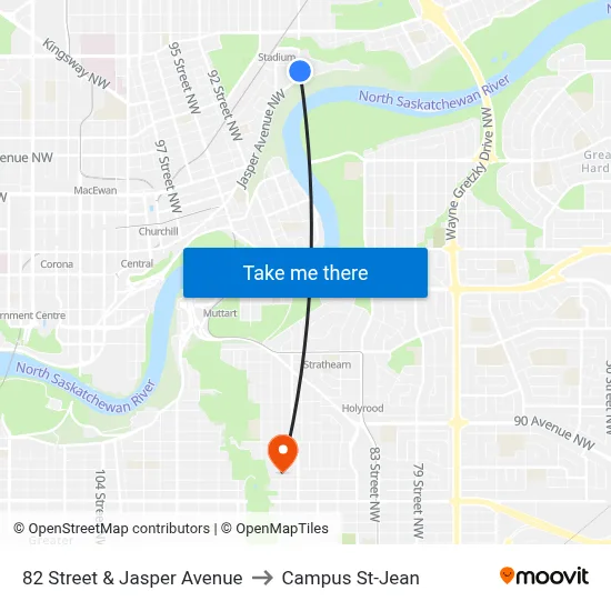 82 Street & Jasper Avenue to Campus St-Jean map