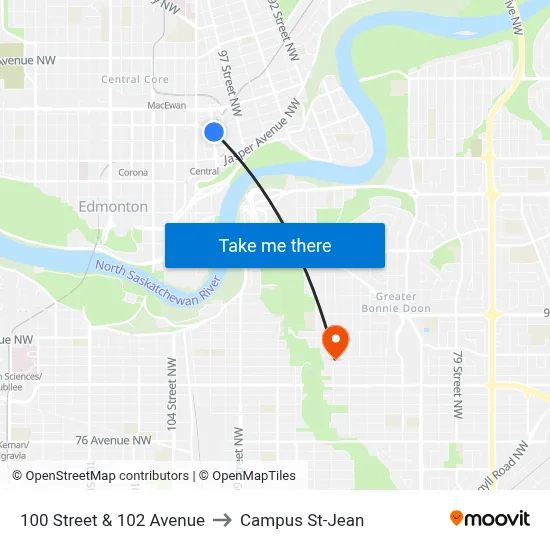 100 Street & 102 Avenue to Campus St-Jean map