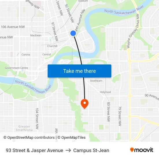 93 Street & Jasper Avenue to Campus St-Jean map