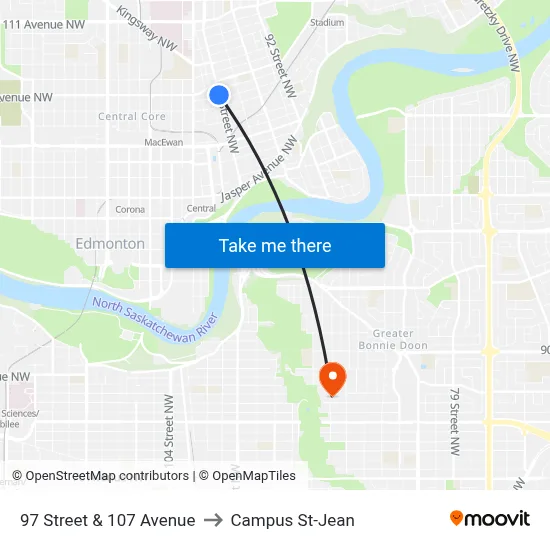 97 Street & 107 Avenue to Campus St-Jean map