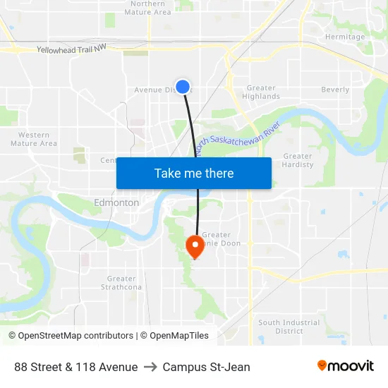 88 Street & 118 Avenue to Campus St-Jean map