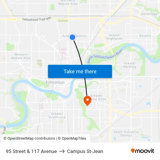95 Street & 117 Avenue to Campus St-Jean map