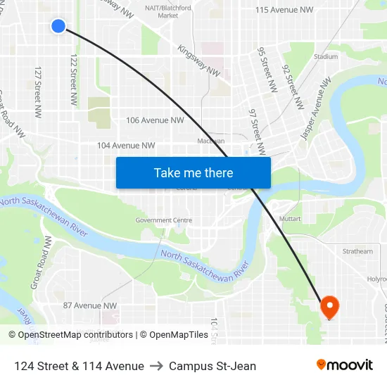 124 Street & 114 Avenue to Campus St-Jean map