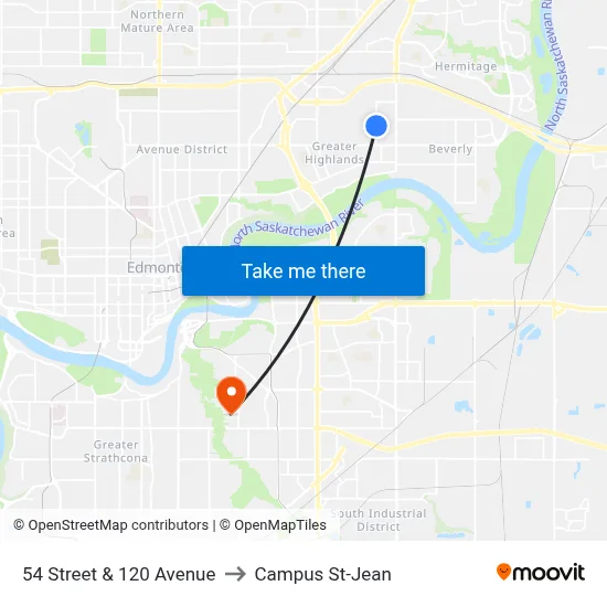 54 Street & 120 Avenue to Campus St-Jean map