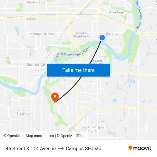 46 Street & 114 Avenue to Campus St-Jean map