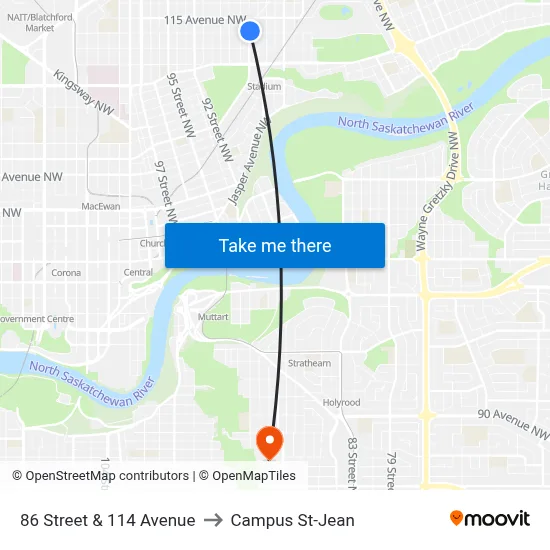 86 Street & 114 Avenue to Campus St-Jean map