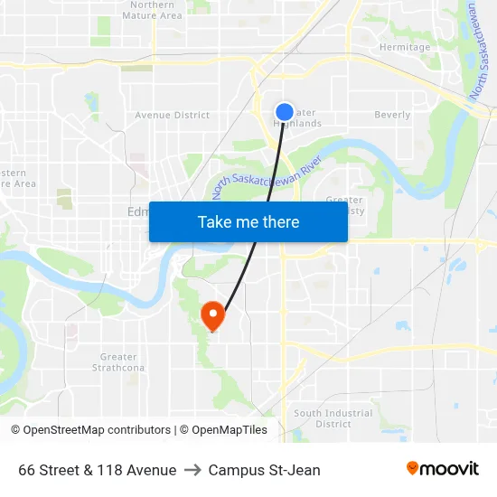 66 Street & 118 Avenue to Campus St-Jean map