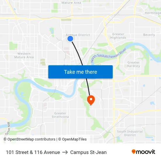 101 Street & 116 Avenue to Campus St-Jean map