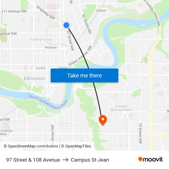 97 Street & 108 Avenue to Campus St-Jean map