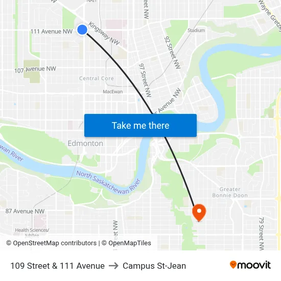 109 Street & 111 Avenue to Campus St-Jean map