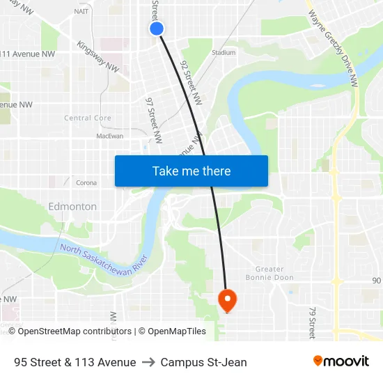 95 Street & 113 Avenue to Campus St-Jean map
