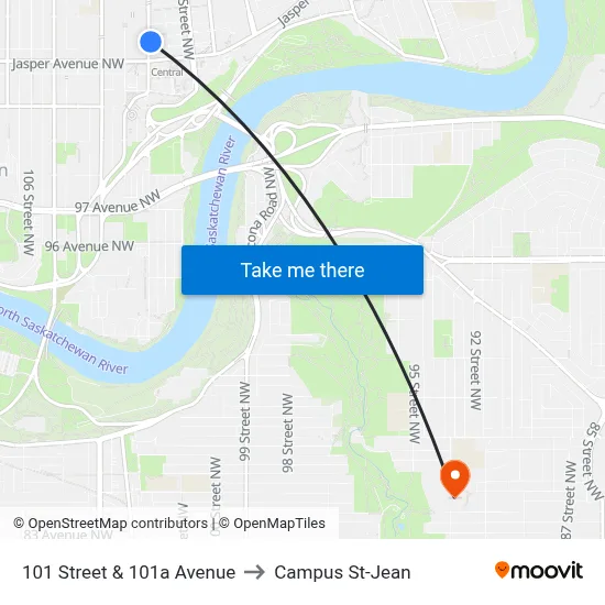 101 Street & 101a Avenue to Campus St-Jean map
