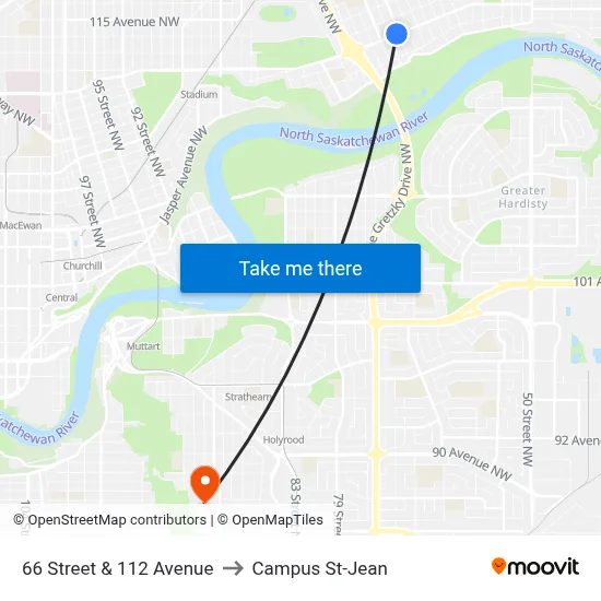 66 Street & 112 Avenue to Campus St-Jean map