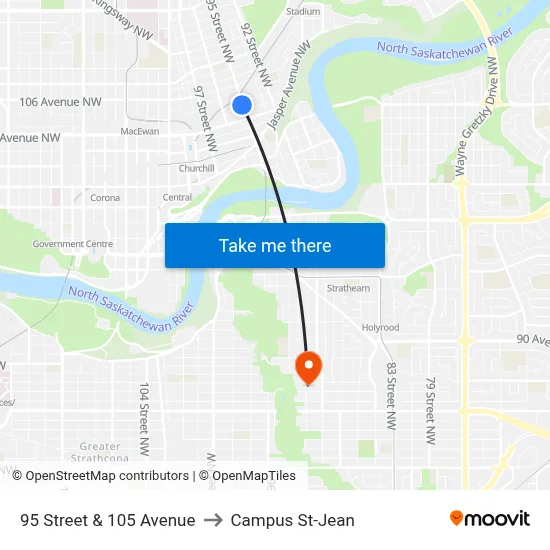 95 Street & 105 Avenue to Campus St-Jean map