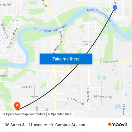 38 Street & 111 Avenue to Campus St-Jean map
