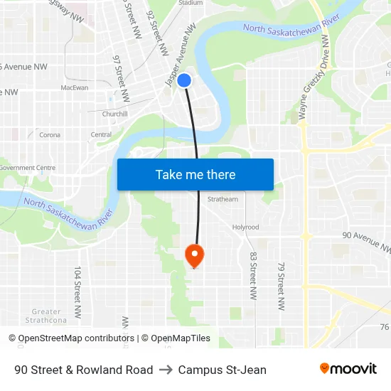 90 Street & Rowland Road to Campus St-Jean map