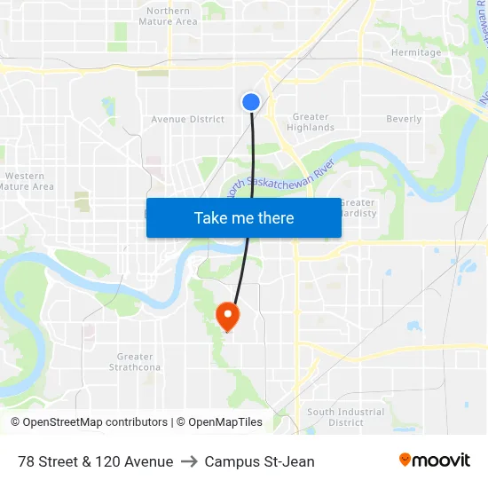 78 Street & 120 Avenue to Campus St-Jean map
