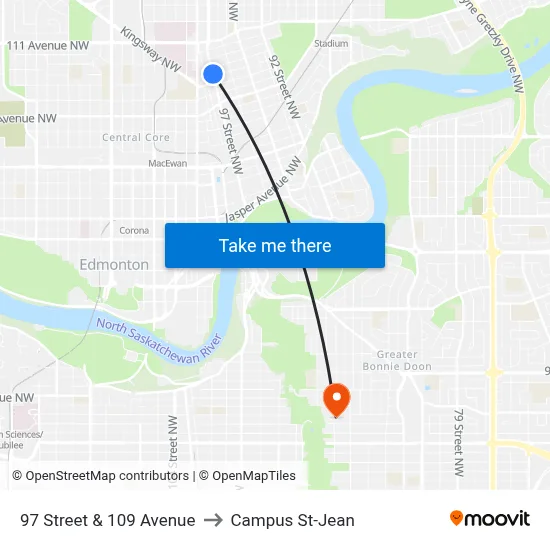 97 Street & 109 Avenue to Campus St-Jean map