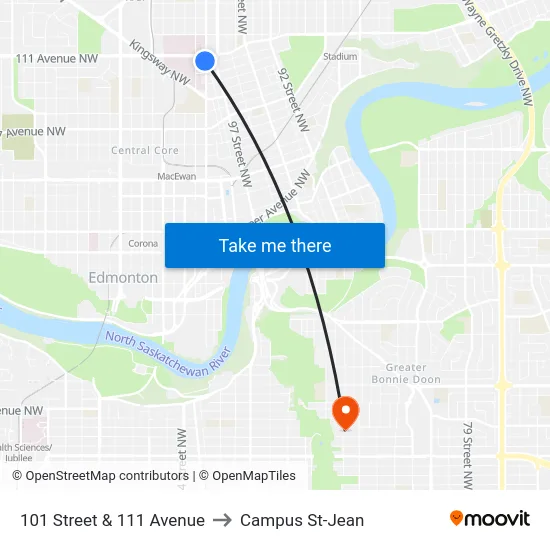 101 Street & 111 Avenue to Campus St-Jean map
