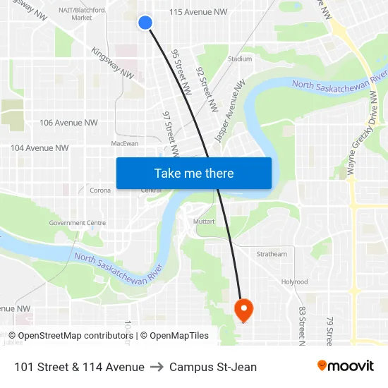 101 Street & 114 Avenue to Campus St-Jean map