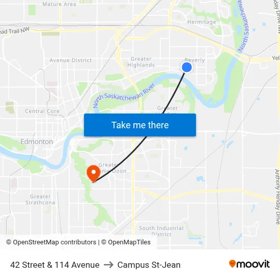 42 Street & 114 Avenue to Campus St-Jean map