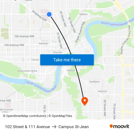 102 Street & 111 Avenue to Campus St-Jean map