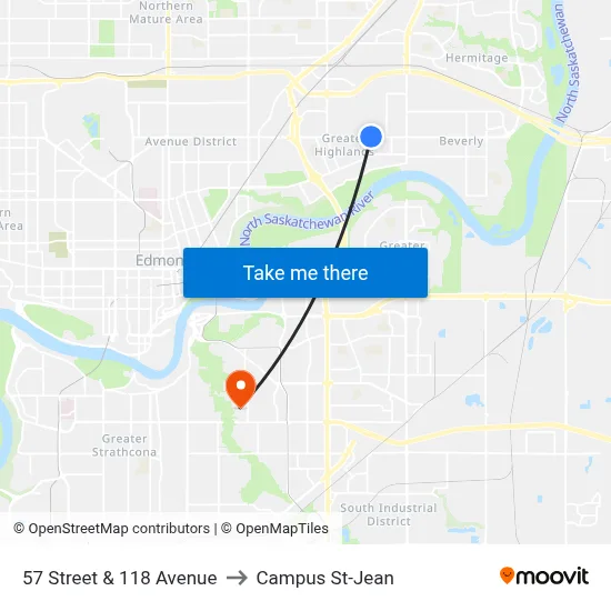 57 Street & 118 Avenue to Campus St-Jean map