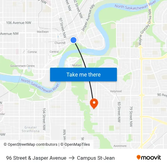 96 Street & Jasper Avenue to Campus St-Jean map