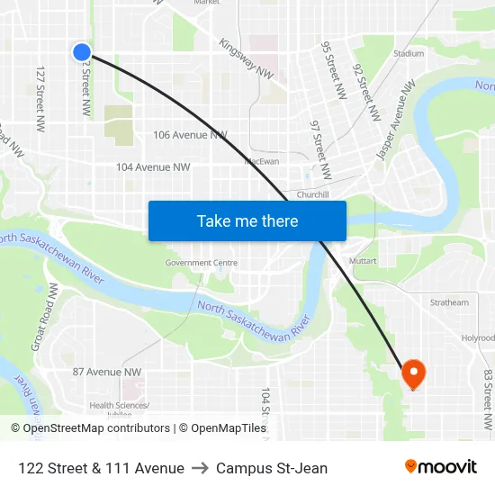 122 Street & 111 Avenue to Campus St-Jean map