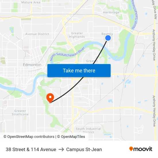 38 Street & 114 Avenue to Campus St-Jean map