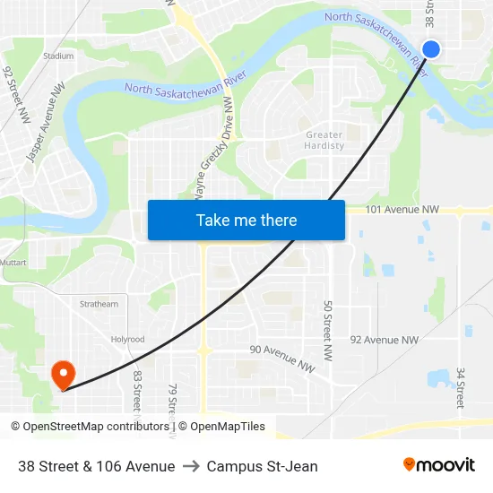 38 Street & 106 Avenue to Campus St-Jean map