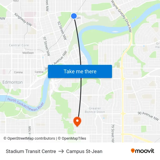 Stadium Transit Centre to Campus St-Jean map