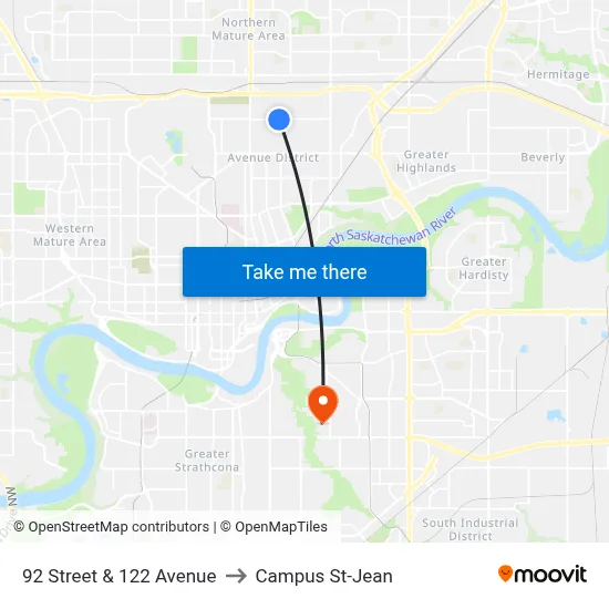 92 Street & 122 Avenue to Campus St-Jean map