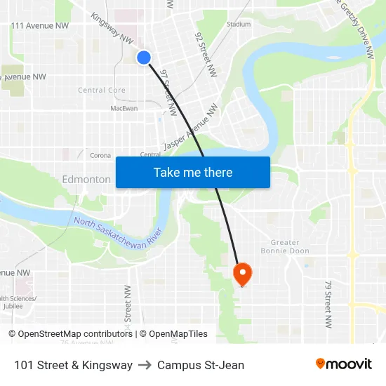 101 Street & Kingsway to Campus St-Jean map