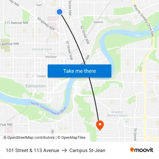 101 Street & 113 Avenue to Campus St-Jean map