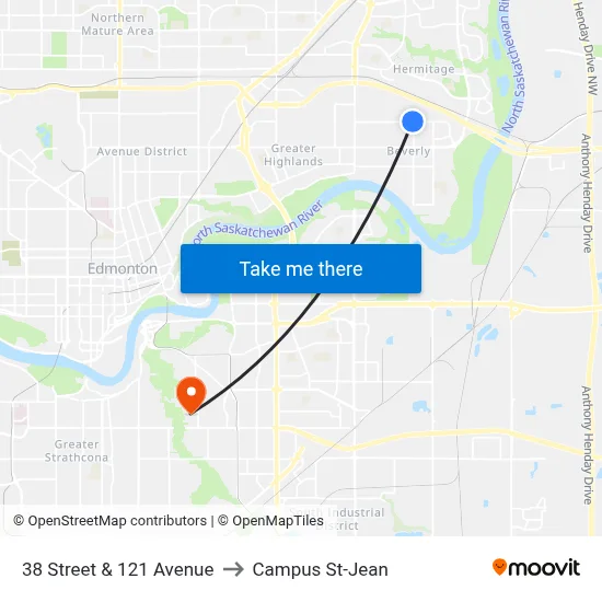 38 Street & 121 Avenue to Campus St-Jean map