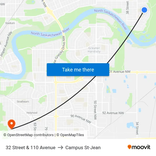 32 Street & 110 Avenue to Campus St-Jean map