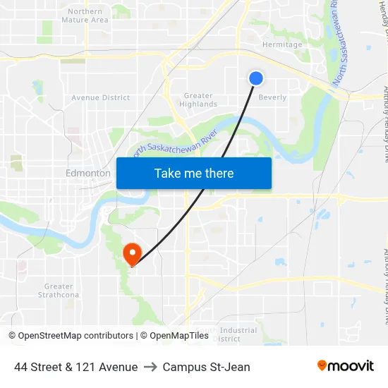 44 Street & 121 Avenue to Campus St-Jean map