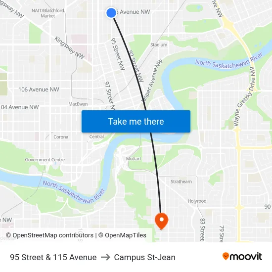 95 Street & 115 Avenue to Campus St-Jean map