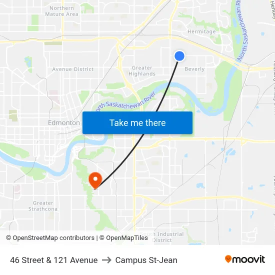 46 Street & 121 Avenue to Campus St-Jean map