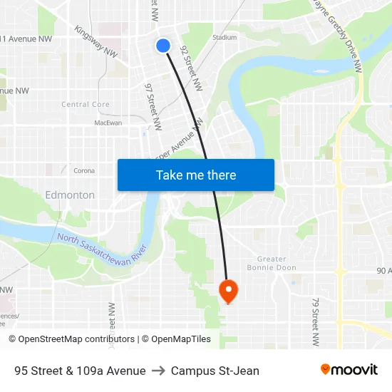 95 Street & 109a Avenue to Campus St-Jean map