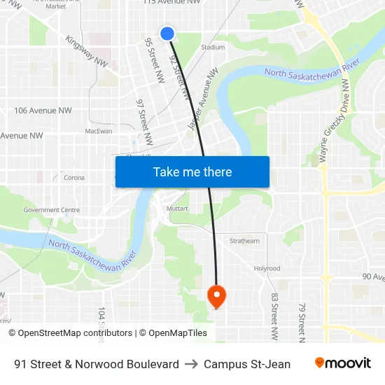 91 Street & Norwood Boulevard to Campus St-Jean map