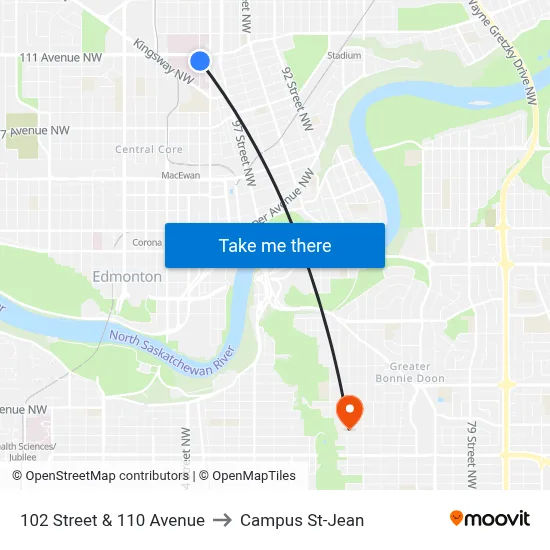 102 Street & 110 Avenue to Campus St-Jean map