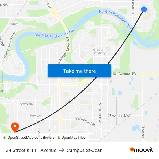 34 Street & 111 Avenue to Campus St-Jean map