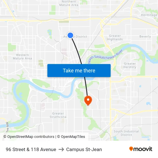96 Street & 118 Avenue to Campus St-Jean map